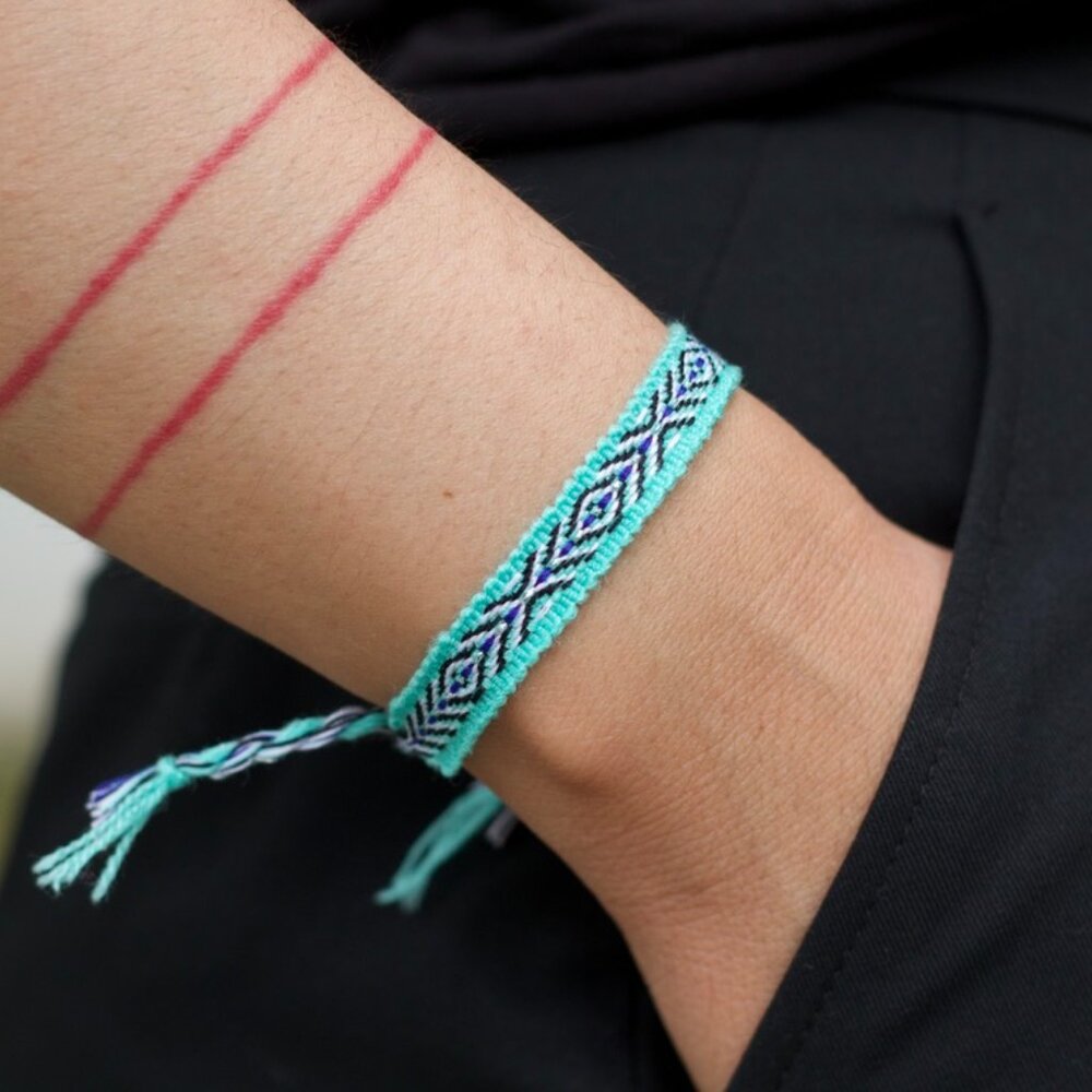 Aquamarine Boho Woven Bracelet, Beach Bracelet, Slim Bracelet, Textile Cloth OS - Picture 2 of 3